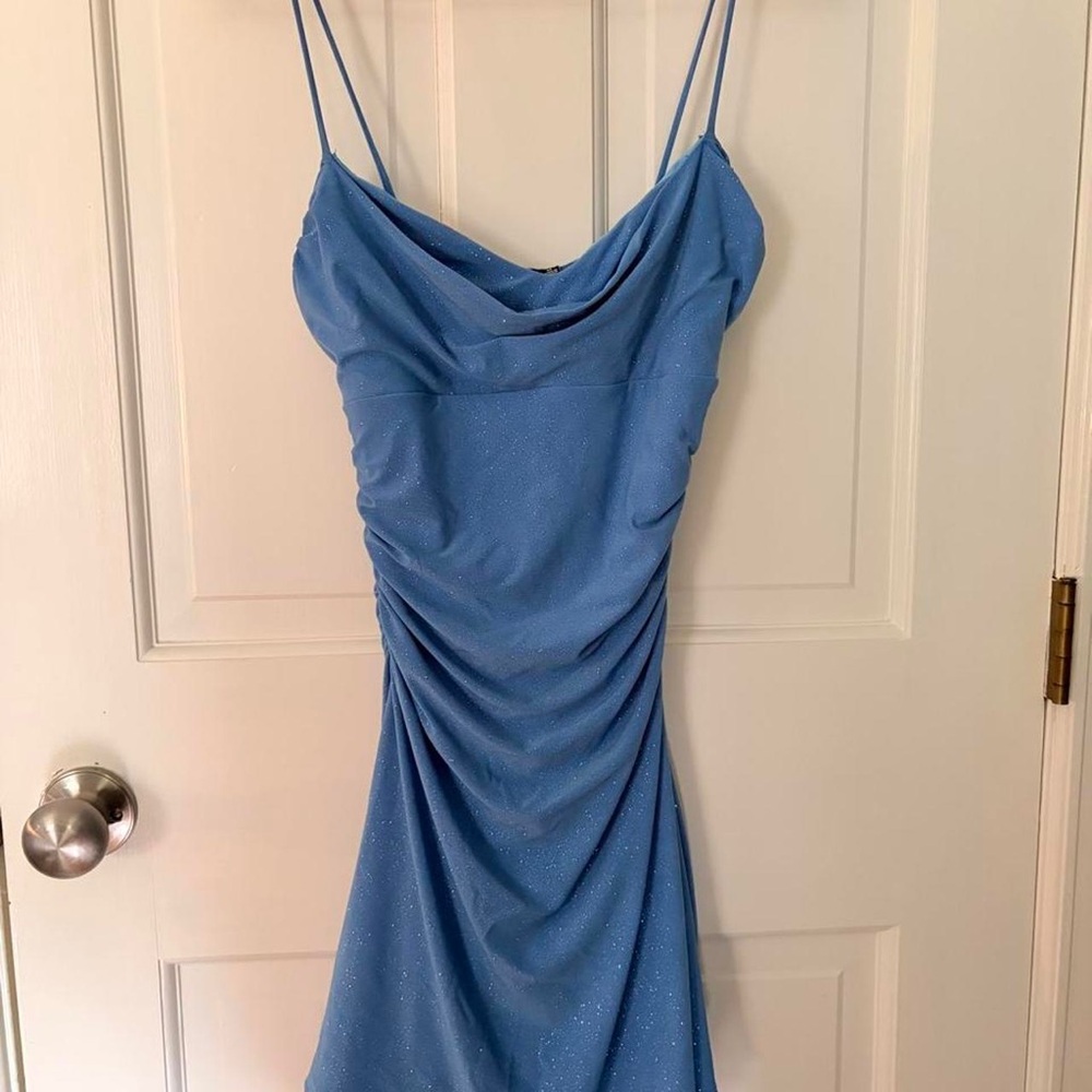 Sparkle Blue Cowl Neck Spaghetti Strap Dress